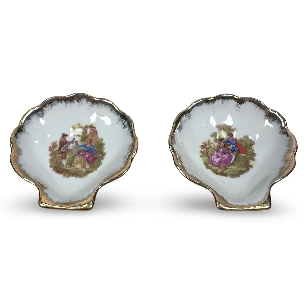 Vintage Limoges Porcelain Shell Trinket Dish Set 2 Fragonard Courting Couple